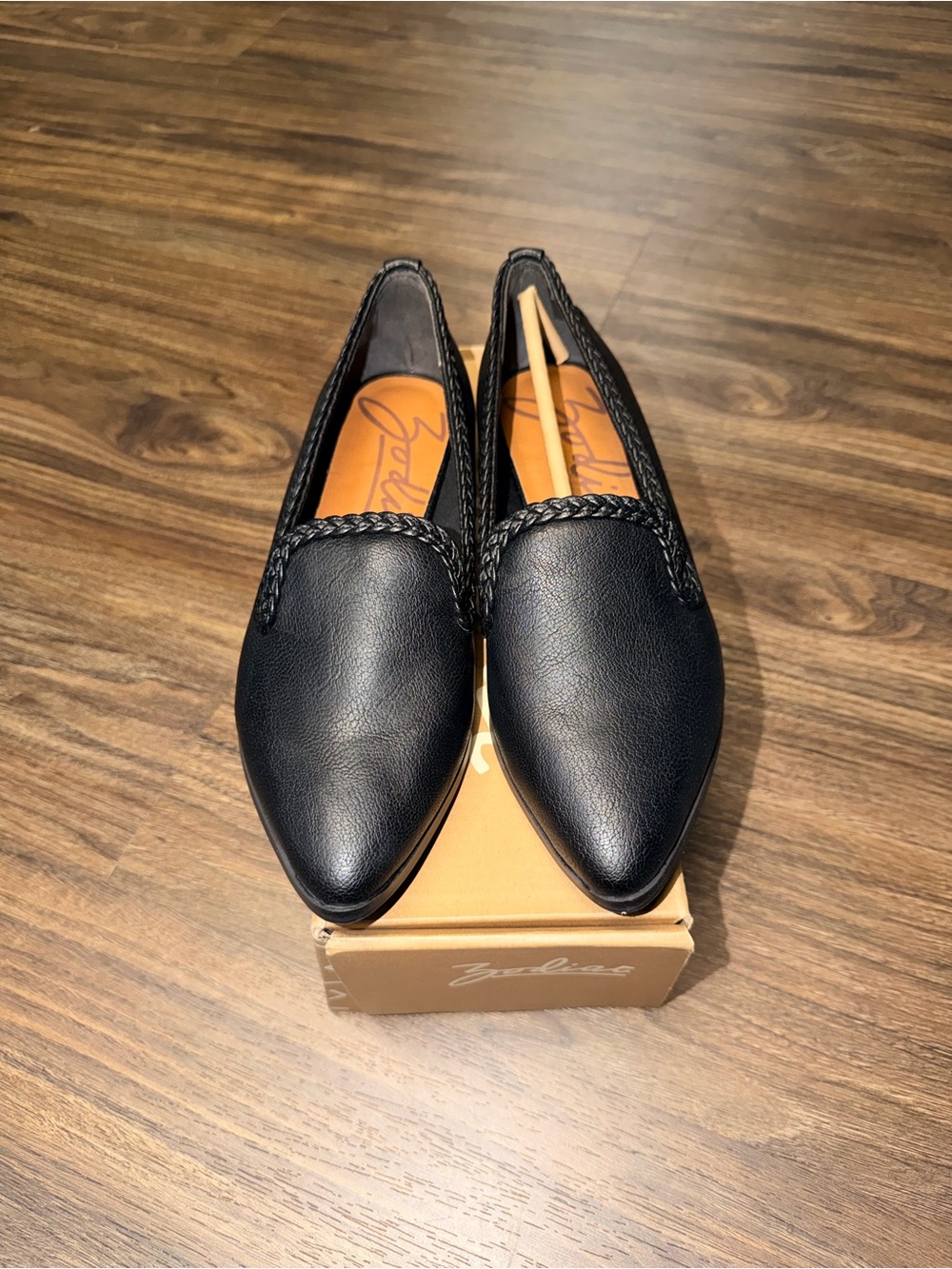 Zodiac Black Pointed Slip-On Loafers with Braided Trim